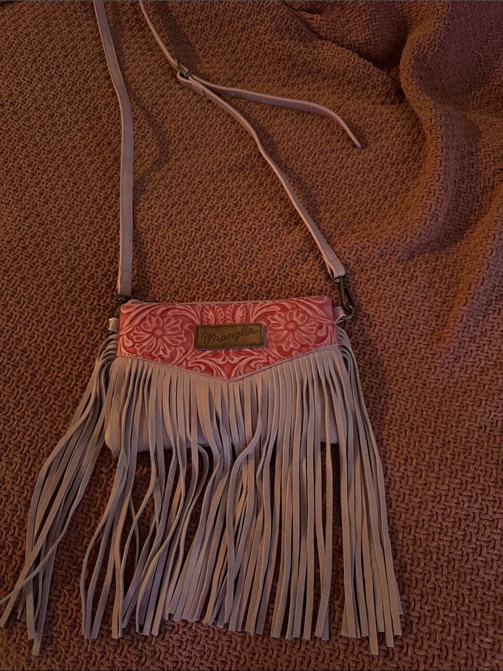 Wrangler Pink Floral Fringe Crossbody Purse with Taupe Fringe - Picture 2 of 12